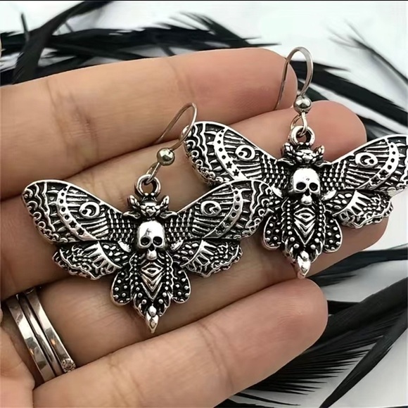 Silver Skull Moth Drop Earrings - Picture 8 of 15